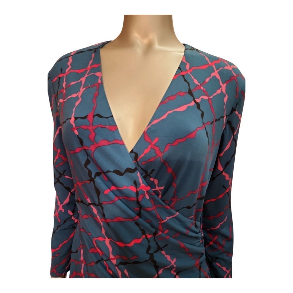 Classic Feminine Ruched Midi Dress Blue Abstract Print Workwear Office Chic 10 - Picture 15 of 16